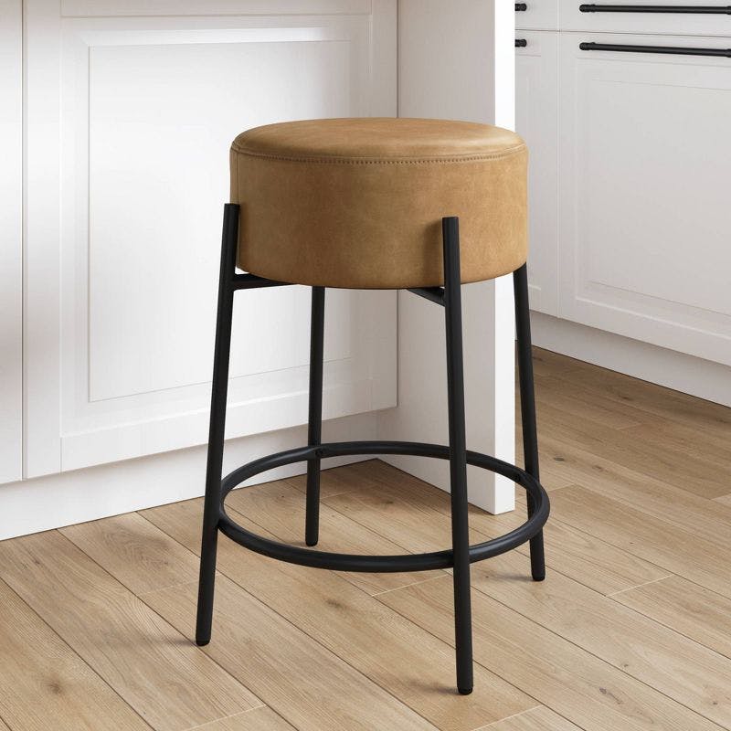 Isaac 24" Light Brown Faux Leather Backless Barstool with Matte Black Metal Base