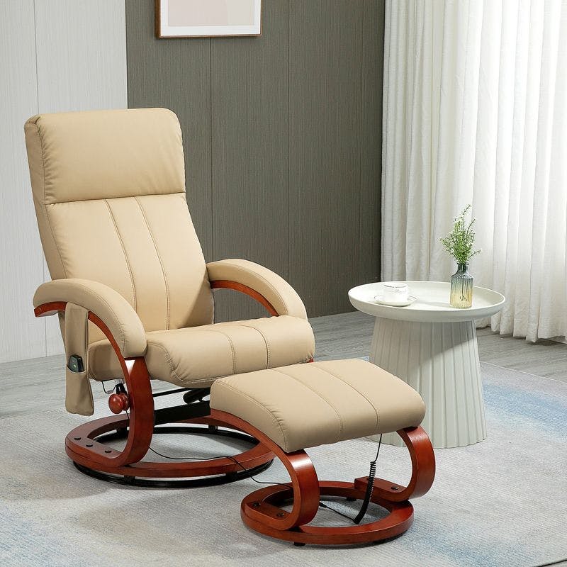 Beige Faux Leather Swivel Recliner with Massage & Ottoman