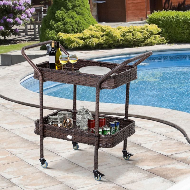 Outsunny 30.75'' Brown Rattan & Wicker Outdoor Serving Cart with Storage