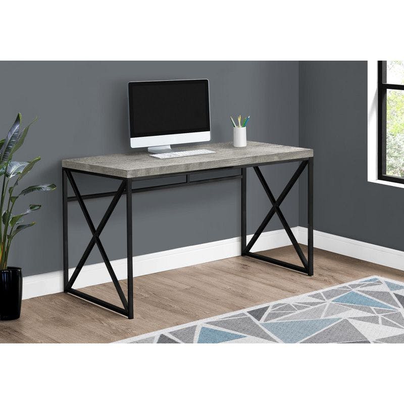 Contemporary Gray Wood Home Office Desk with Drawer and Black Metal Base