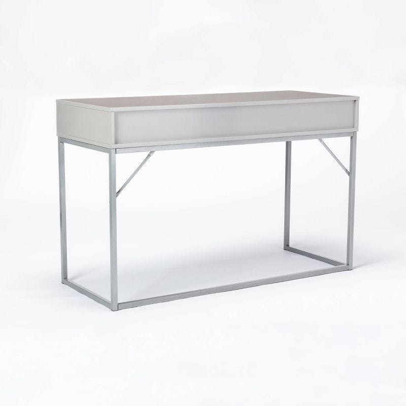 Contemporary Gray Wood Writing Desk with Drawer and Metal Base