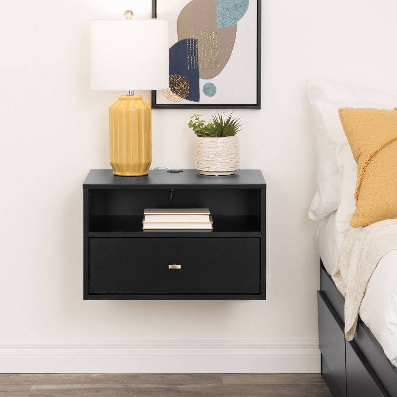 Sleek Black Floating Nightstand with Drawer and Open Shelf