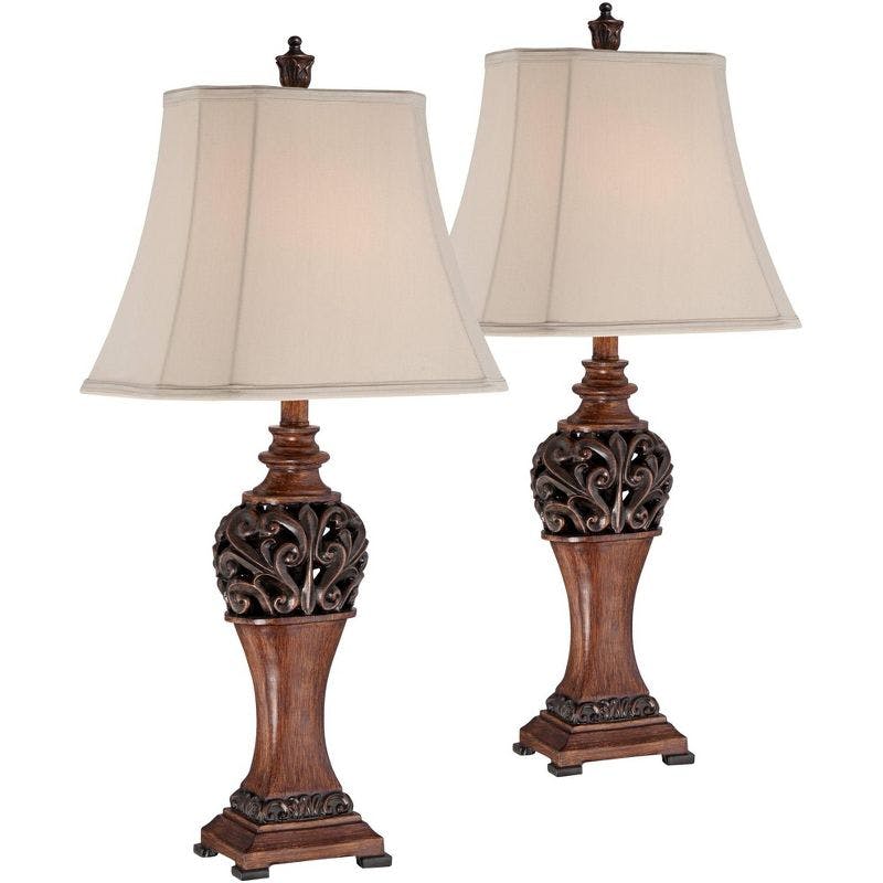 Exeter Bronze Wood-Tone Traditional Table Lamp Set with Creme Shade