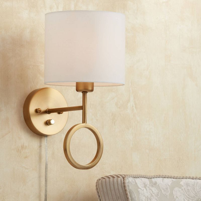 Amidon Warm Brass Drop Ring Plug-In Wall Lamp with White Drum Shade