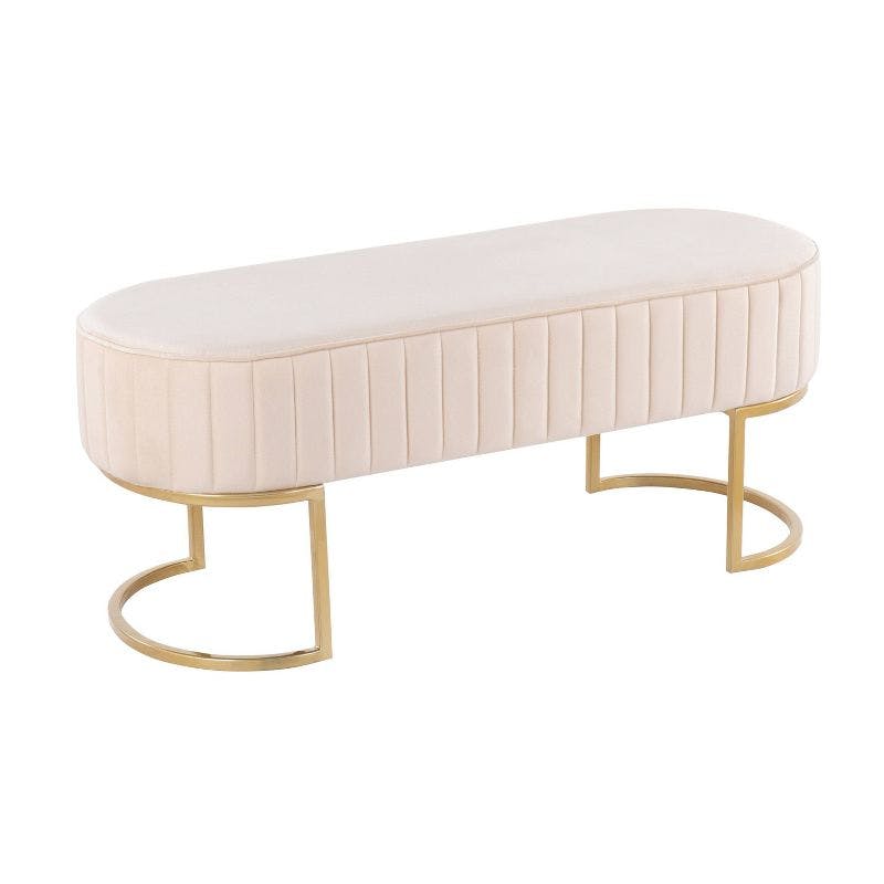 Contemporary 41" White Velvet Pleated Bench with Gold Frame