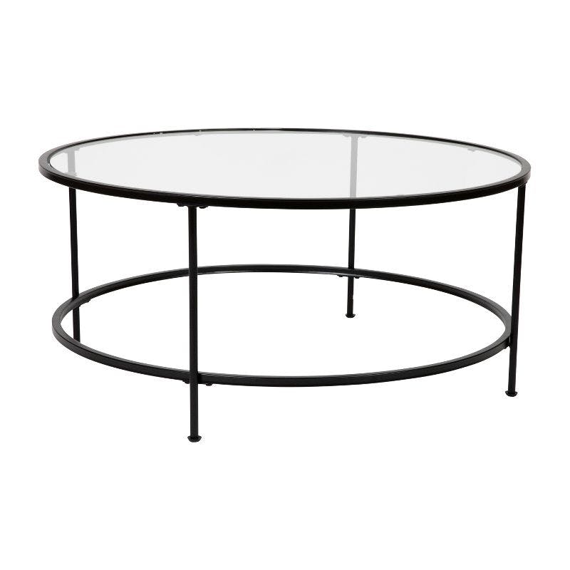 Elegant 35'' Clear Glass Round Coffee Table with Matte Black Frame
