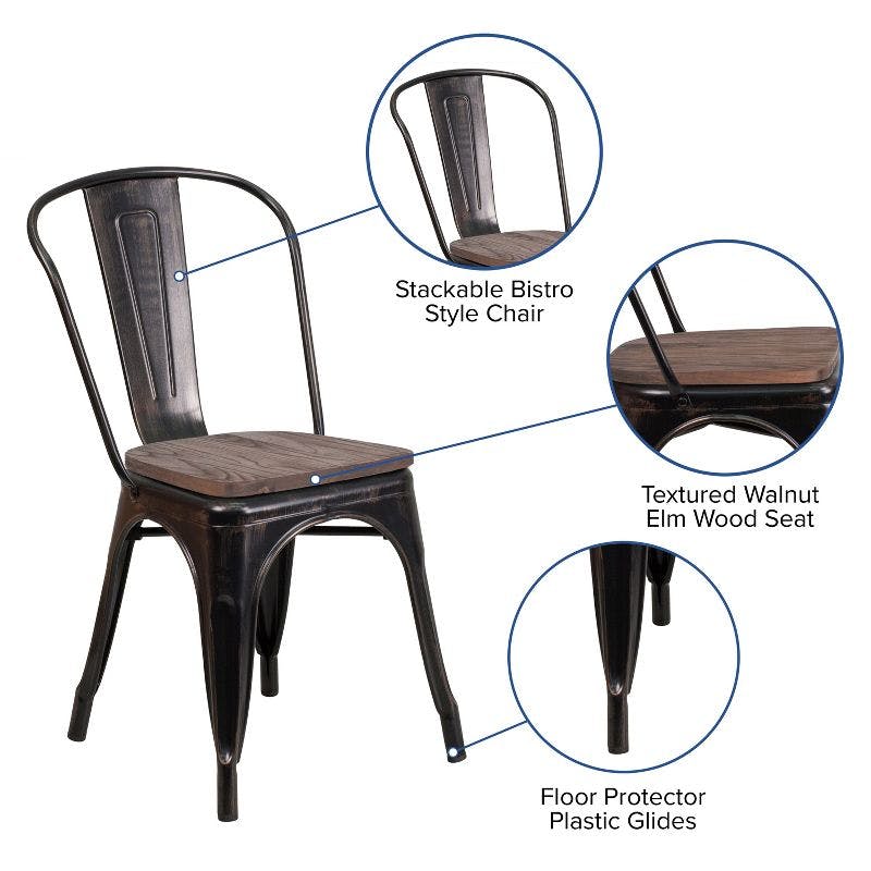 Rustic Black-Antique Gold Metal Stackable Side Chair with Wood Seat