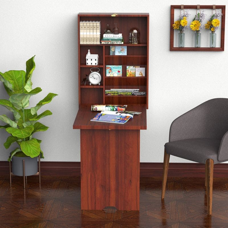 Compact Mahogany Wall-Mounted Convertible Desk with Storage