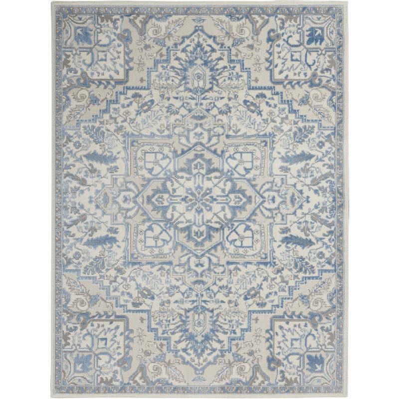 Ivory Blue Floral Medallion 4' x 6' Synthetic Area Rug
