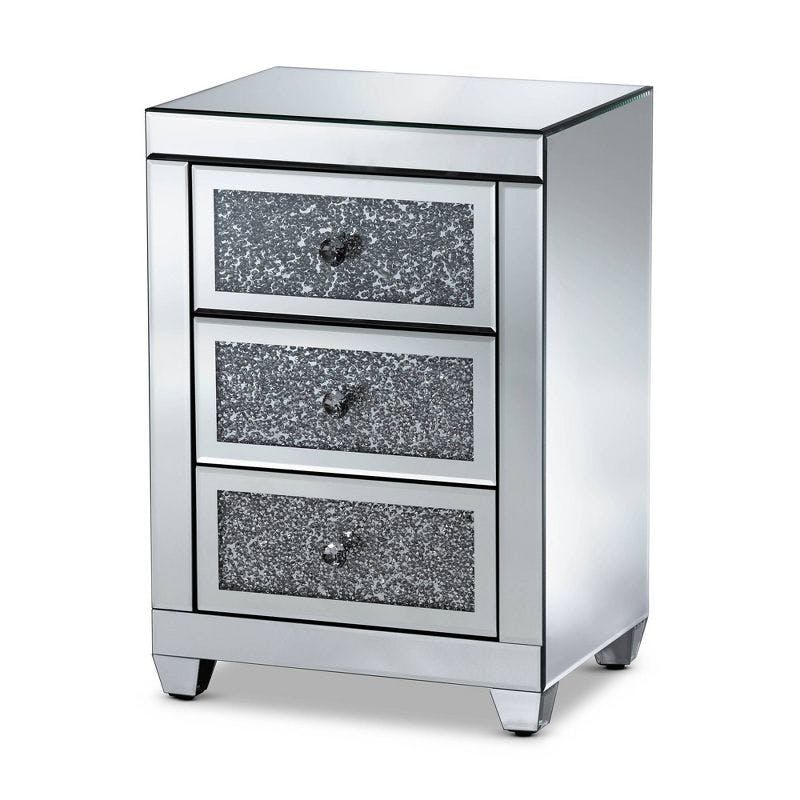 Elegant Ralston Mirrored 3-Drawer Nightstand with Crystal Accents