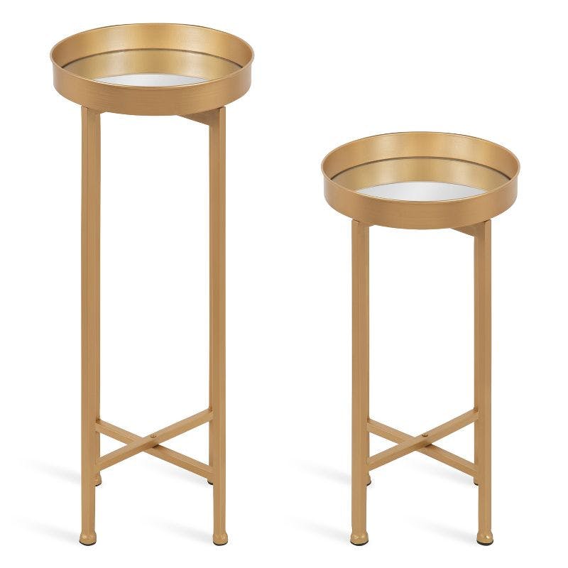 Glamorous Gold Round Metal & Glass Mirrored Side Table Set