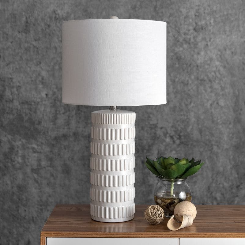 Luminous White Ceramic 21" Table Lamp with Linen Shade