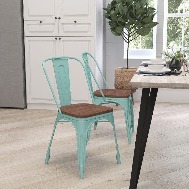 Mint Green Curved Slat Metal Side Chair with Rustic Wood Seat