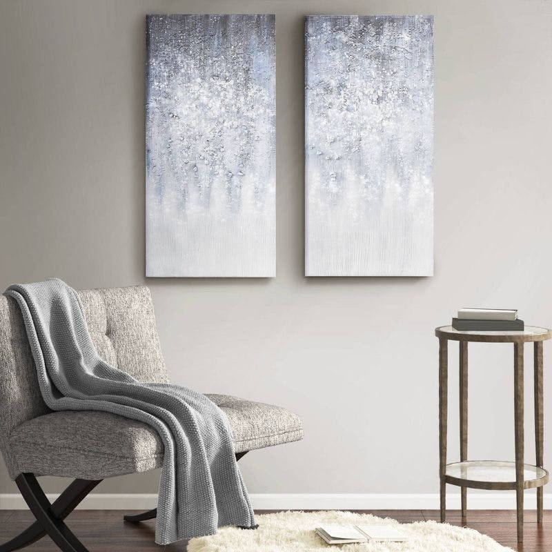 Winter Glaze Blue and White Abstract Embellished Canvas Art 15"x30"