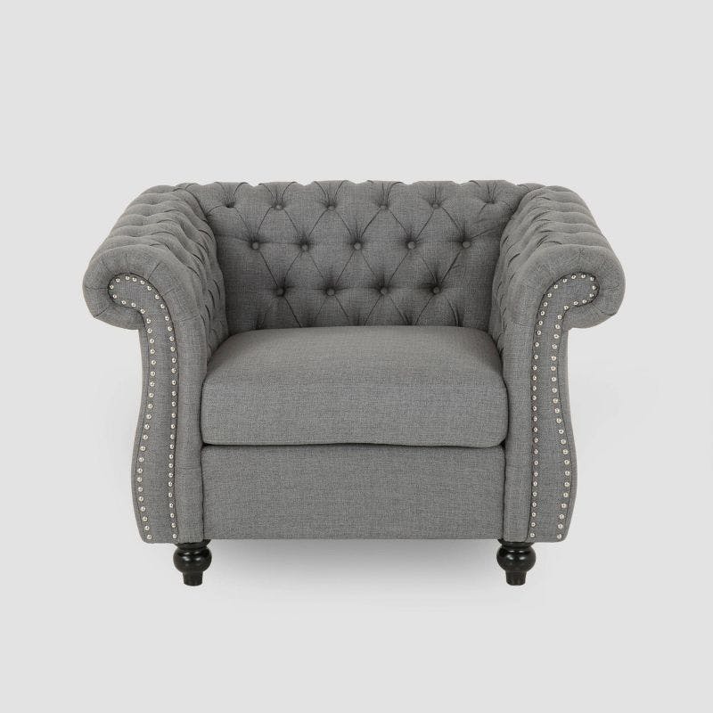 Elegant Dark Gray Velvet Chesterfield Club Chair with Nailhead Accents
