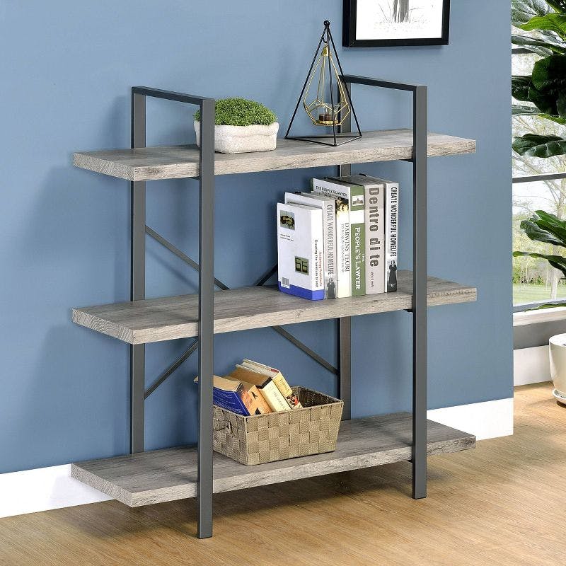 Pearl Silver Transitional 3-Shelf Bookcase in Gray Driftwood