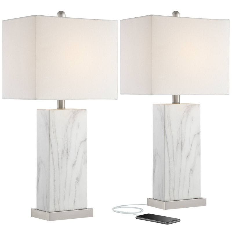 Connie 27'' White Faux Marble Modern Table Lamps with USB Ports, Set of 2