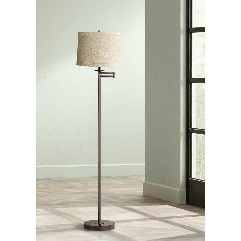 Bronze Swing Arm Floor Lamp with Natural Linen Shade