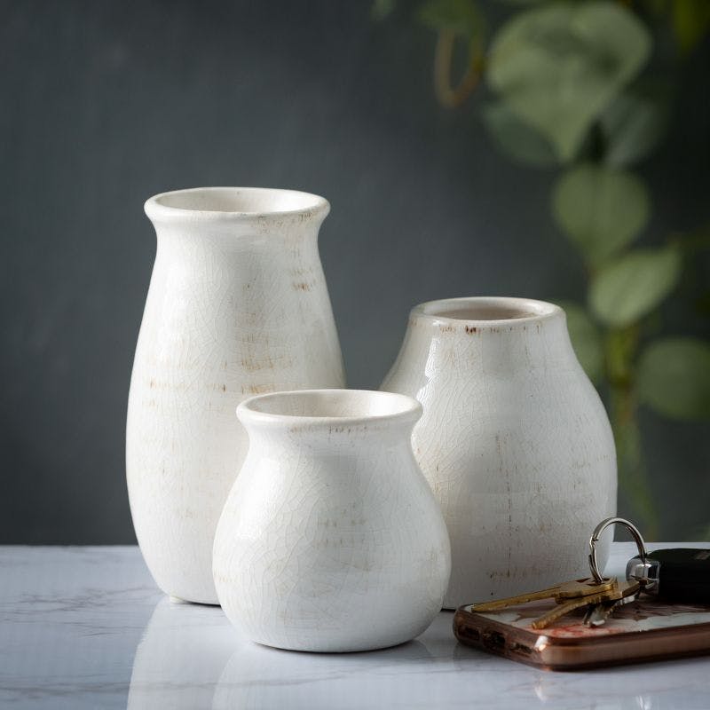 Petite Ceramic Bud Vases Set, Off-White, Modern Farmhouse Design