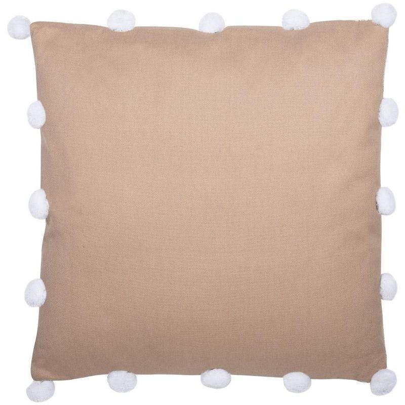 Temi Neutral Pom Pom Accented 19" Square Throw Pillow in Beige and White