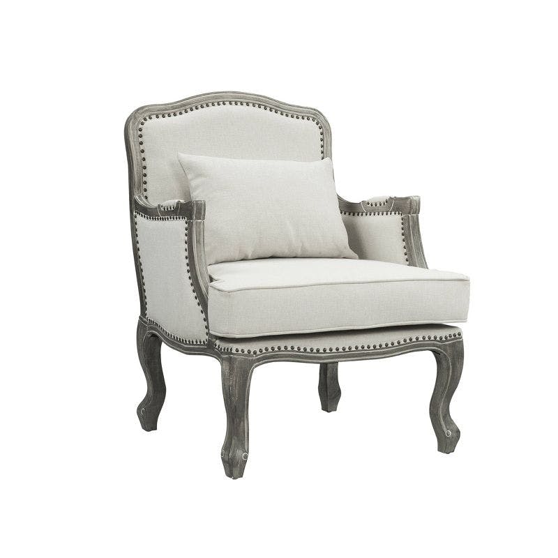 Elegant Cabriole Carved Wood Accent Chair in Cream Linen