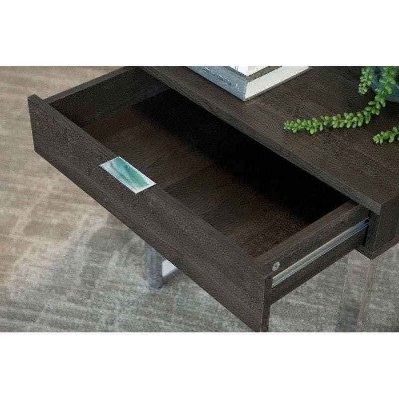 Transitional Charcoal Gray Square Wood & Metal End Table with Storage