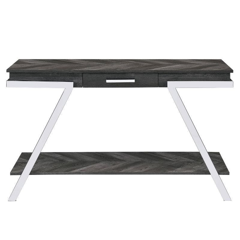 Transitional Dark Gray Chrome-Legged Sofa Table with Drawer and Shelf