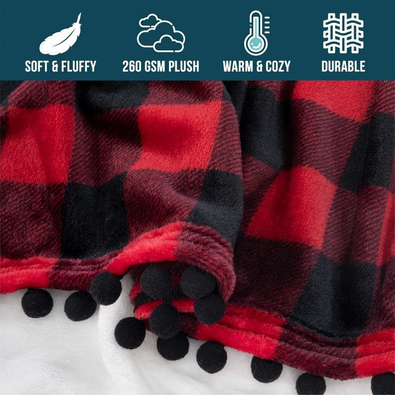 Pom Pom Fringe Twin Fleece Blanket in Plush Red