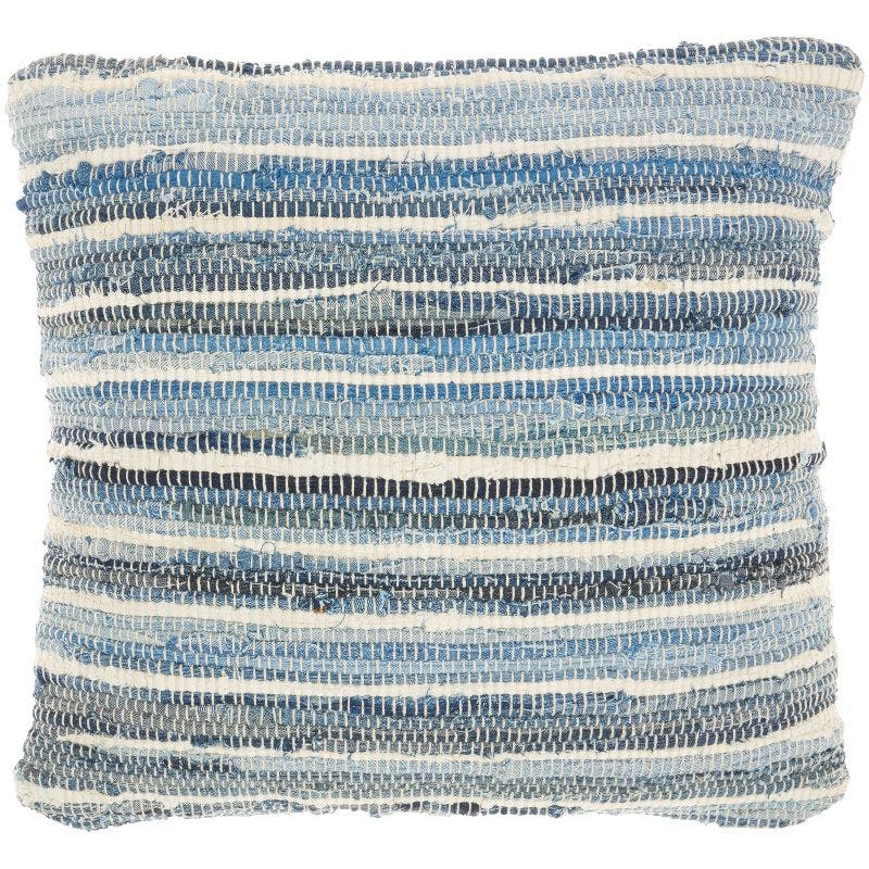 Breezy Blue and Ivory Woven Denim 22" Throw Pillow