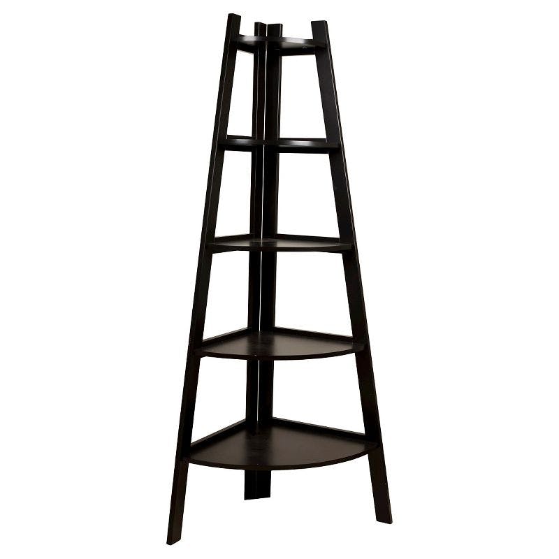 Espresso Finish Five-Tier Corner Ladder Shelf in Wood