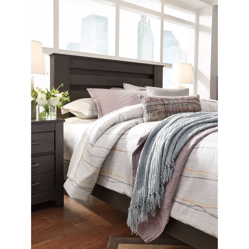 Transitional Charcoal Gray King Panel Bed with Deep Groove Design