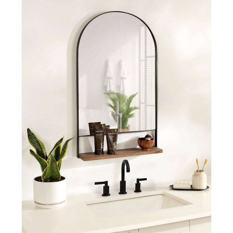 Chadwin Natural Black 20" x 34" Arched Wall Mirror with Mango Wood Shelf