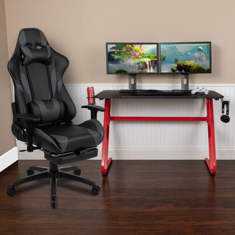 Modern Gray Wood Gaming Desk with Adjustable Height and Chair Bundle