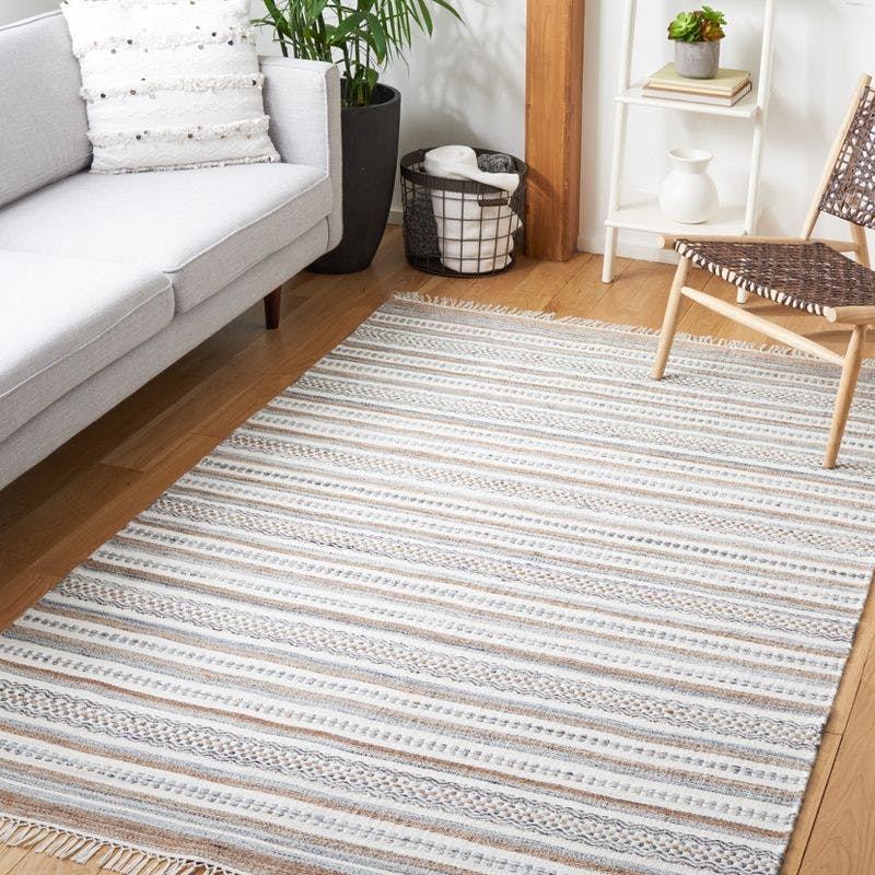 Ivory and Multicolor Striped 8' x 10' Handwoven Wool Rug