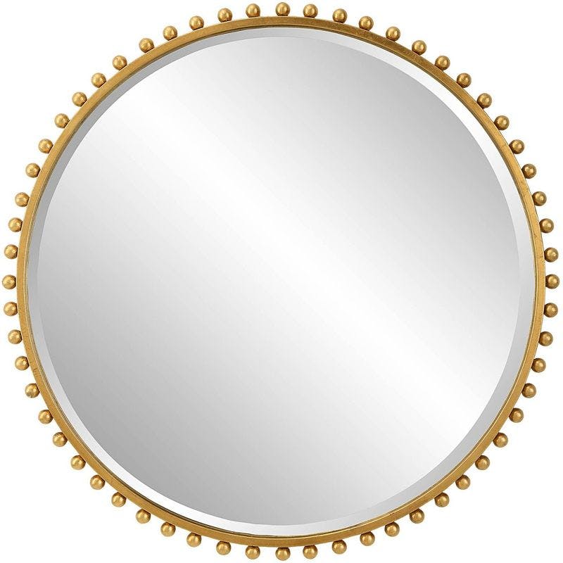 Contemporary Gold Leaf Round Wall Mirror with Beveled Glass 32"