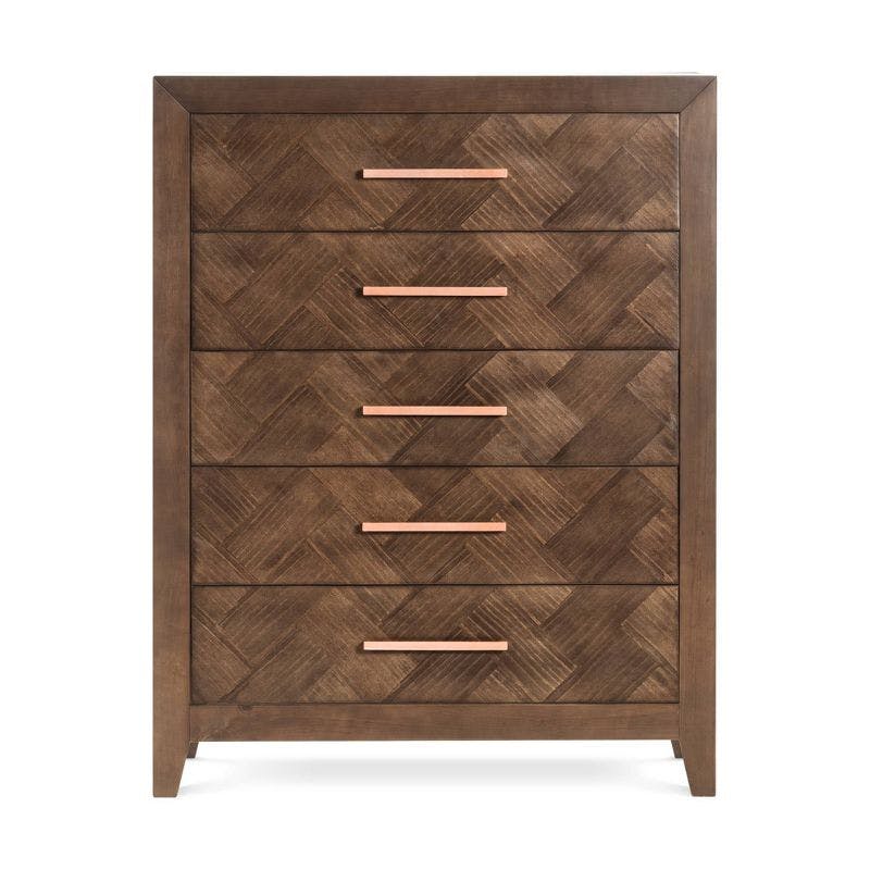 Kieran Transitional Toasted Chestnut 5-Drawer Chest with Herringbone Pattern