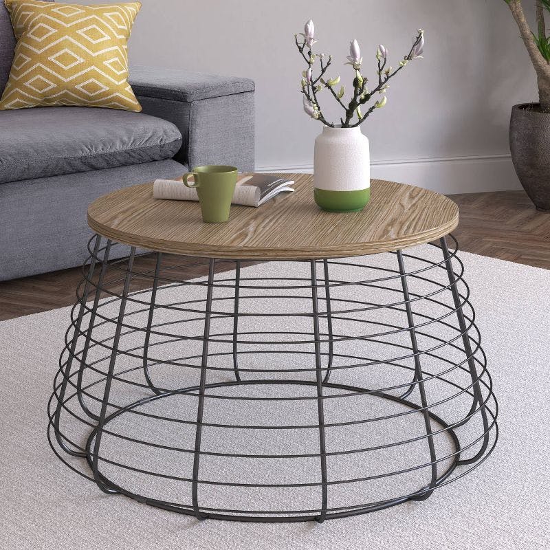Modern Farmhouse 24'' Round Coffee Table with Distressed Wood and Black Metal