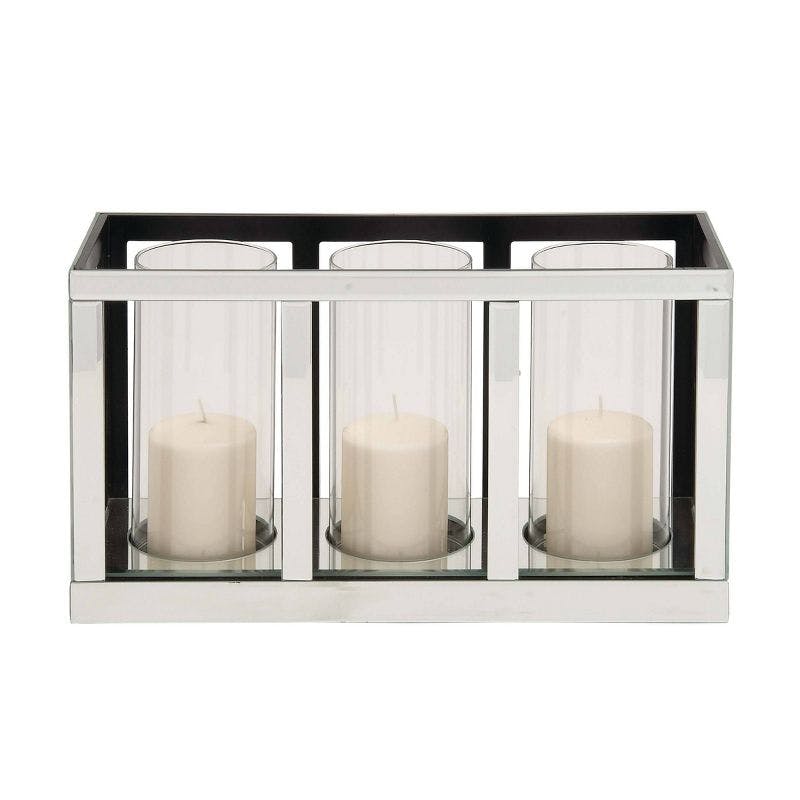 Elegant Mirrored Glass 3-Pillar Candle Lantern in Silver - 18"x10"