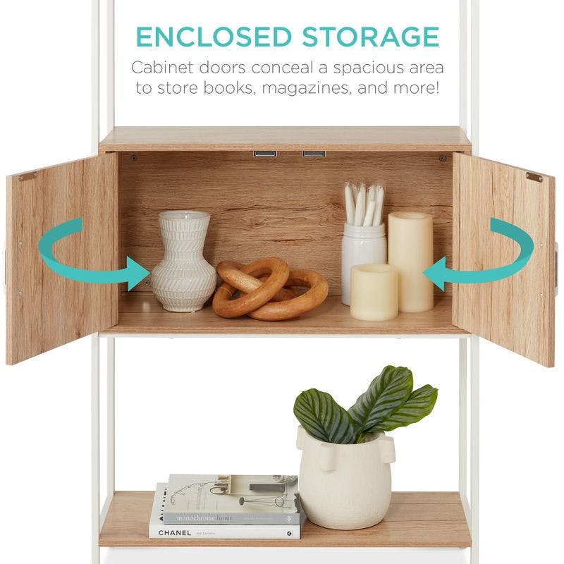 Light Oak Versatile 4-Tier Bookshelf with Enclosed Storage