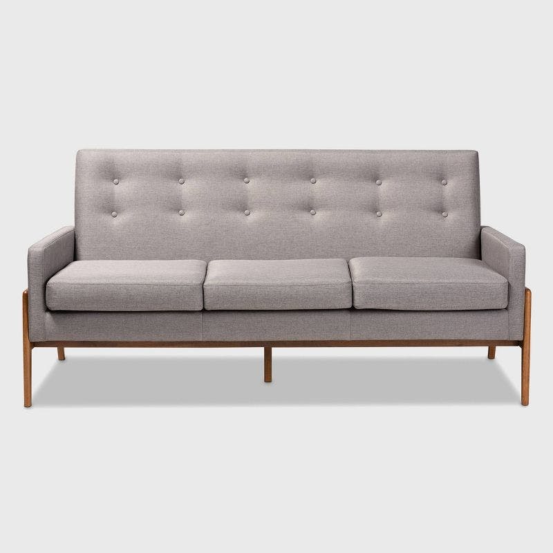 Mid-Century Modern Light Grey Tufted Faux Leather Sofa
