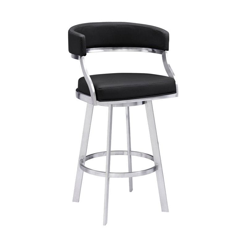 Saturn 26" Swivel Counter Stool in Black Faux Leather and Stainless Steel