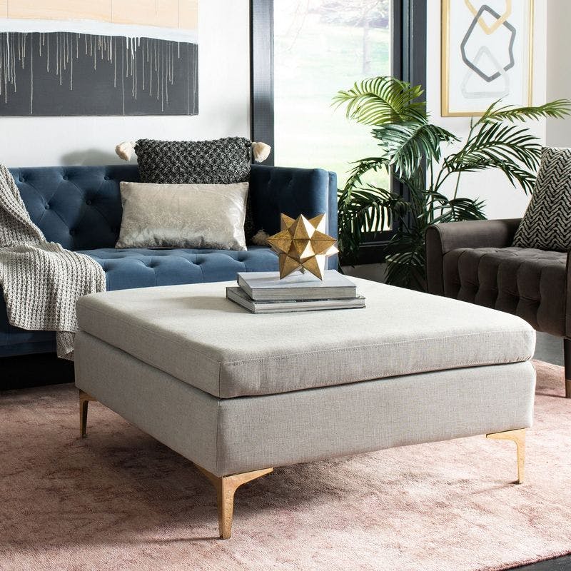 Lux Grey Linen 36" Square Ottoman with Brass Legs