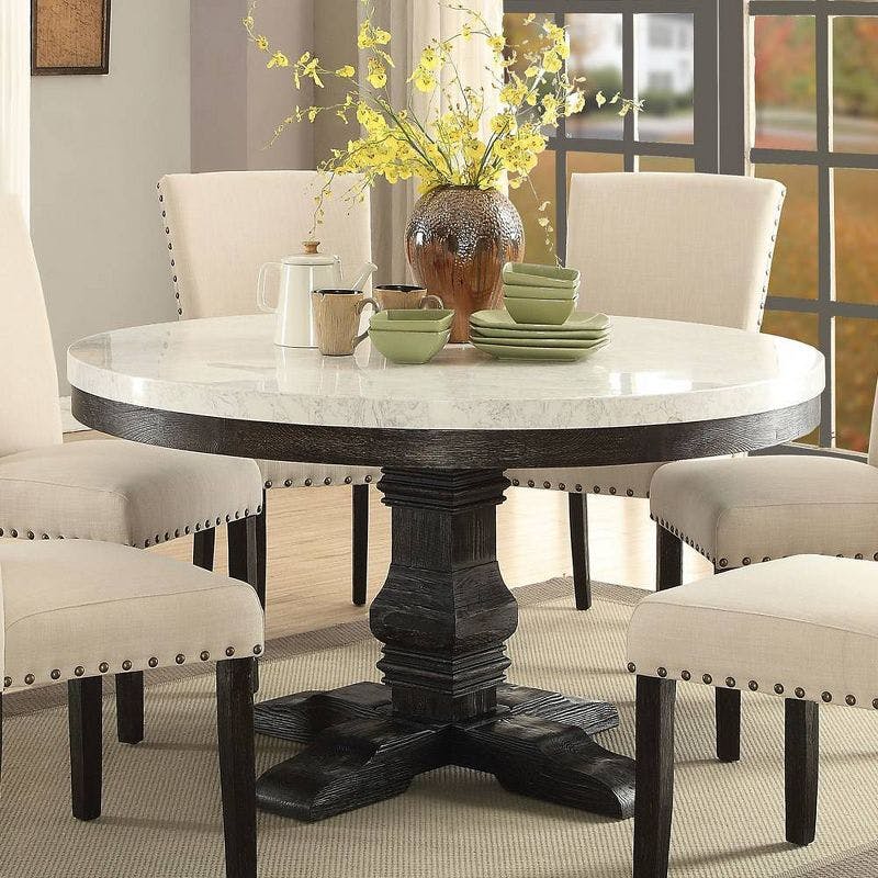 Salvage Dark Oak Round Extendable Dining Table with White Marble Top