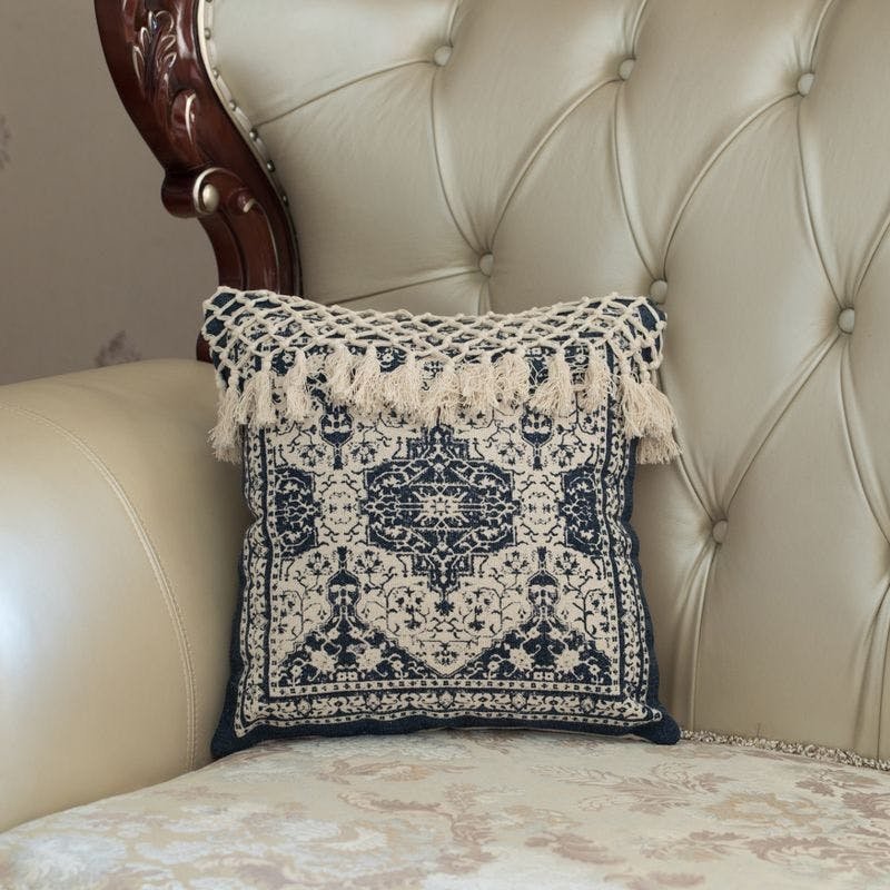 Handwoven Cotton 16" Navy Throw Pillow Cover with Tasseled Top