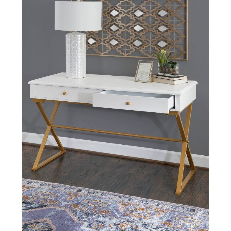 Trestle-Style White and Brass 2-Drawer Campaign Desk