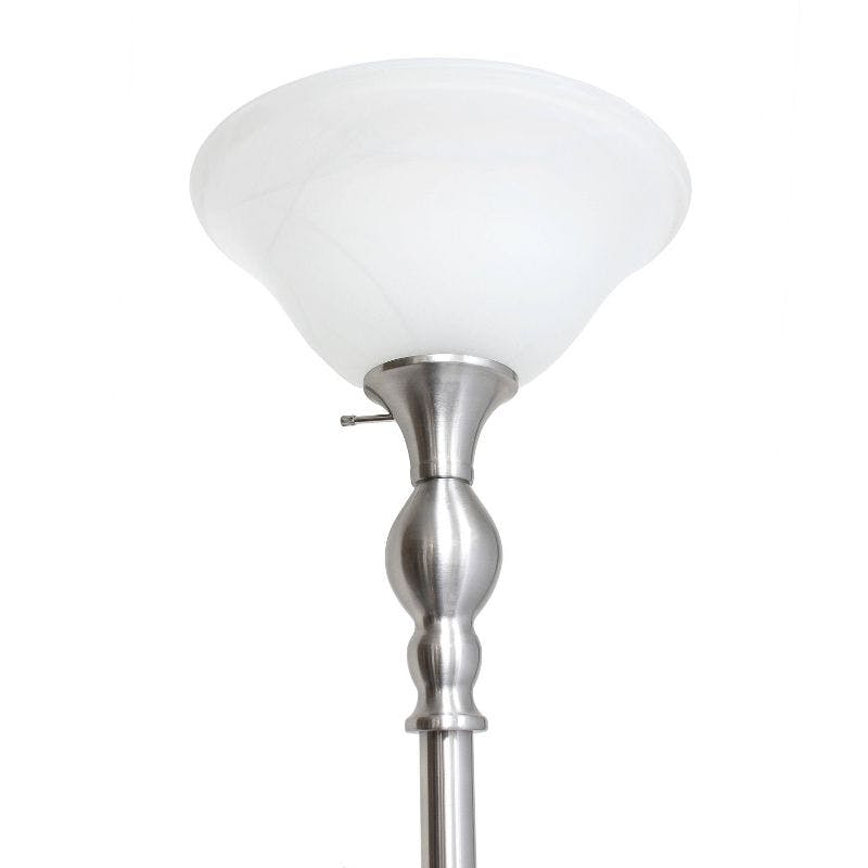 Elegant Brushed Nickel Torchiere Floor Lamp with Marbleized White Glass Shade