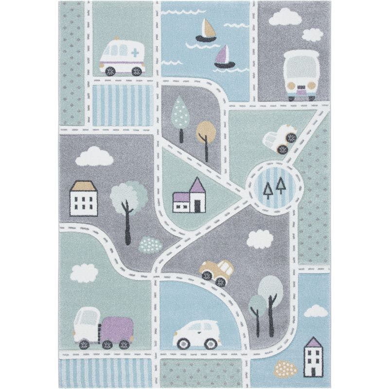 Enchanted Square Grey & Light Blue Kids' Play Rug - Easy Care Synthetic