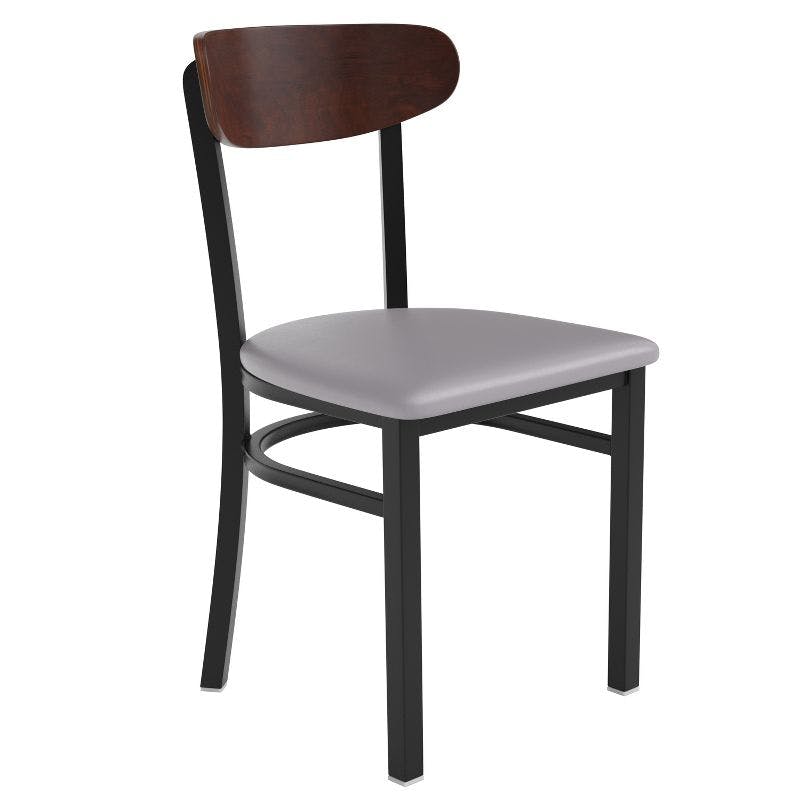 Wright 32" Modern Commercial Dining Chair with Gray Vinyl Seat and Walnut Wood Back