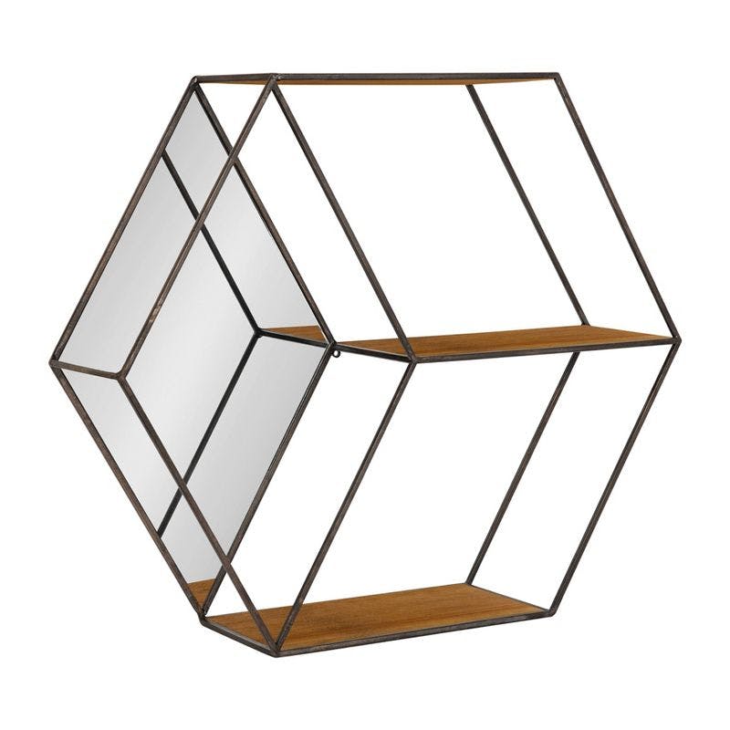 HexaShelf Rustic Brown Floating Hexagon Wall Shelf with Mirror
