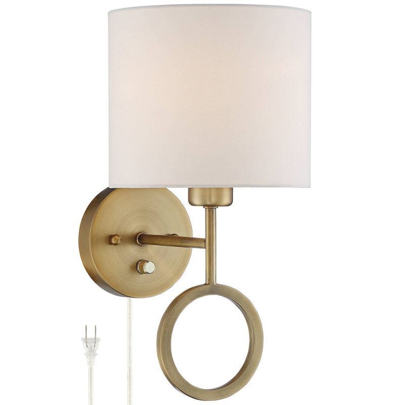 Amidon Warm Brass Drop Ring Plug-In Wall Lamp with White Drum Shade